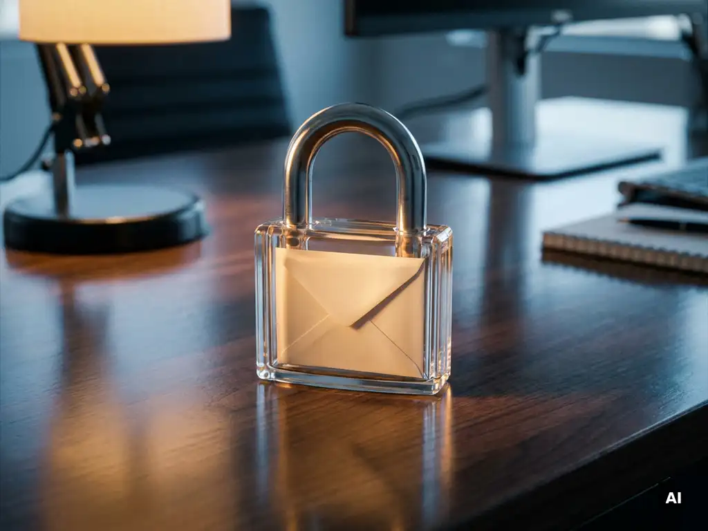 Sealed envelope locked inside a transparent padlock on a dark desk, symbolizing encrypted email privacy and data security.