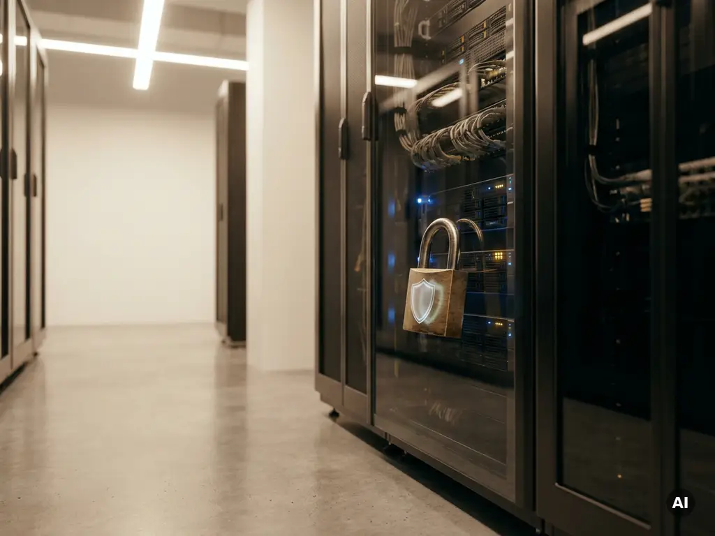 Modern server rack in a data center secured with a brass padlock, symbolizing hardware-level cybersecurity protection.
